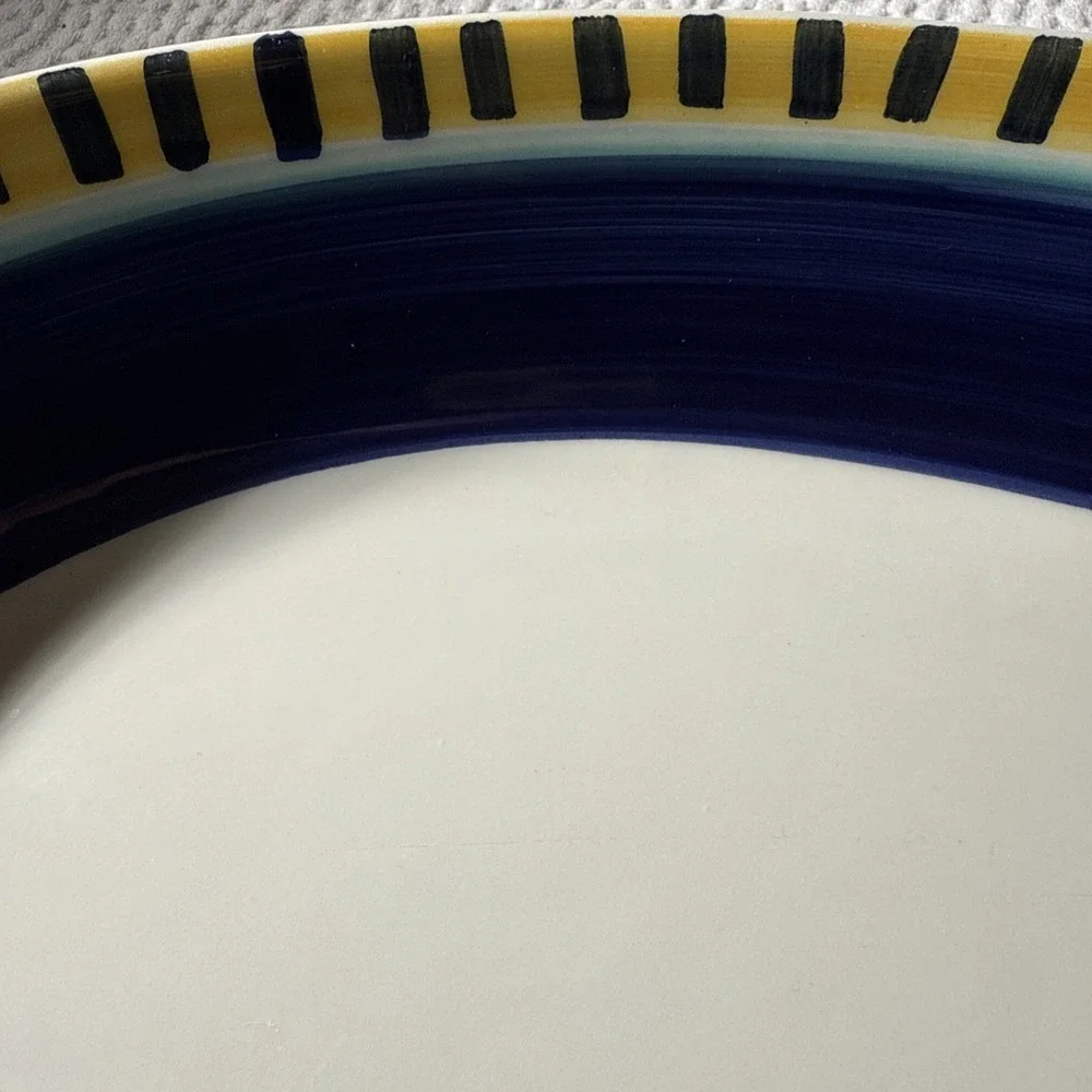 Pier 1 Large Oval Bowl Blue Lines On Yellow Italy Hand Painted
